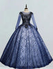 Navy blue long sleeve prom dress ball gown lace applique long fluffy tulle wedding gown bridal dress