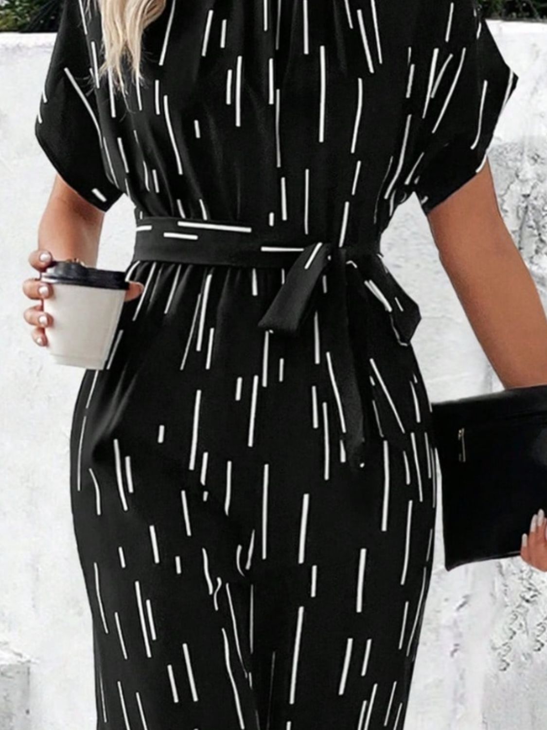 Our Best Polyester Blend Sash Tie Waist Exotic Print Mock Neck Palazzo Pant Jumpsuit (Black/Dark Blue)