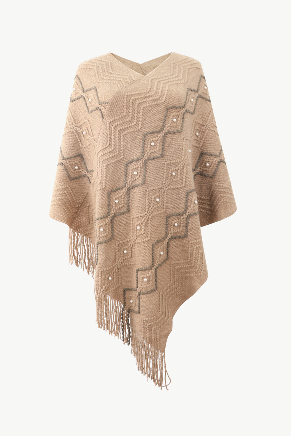 Monah Paloma Acrylic Blend Pretty-n-Plush Pearl Trim V-Neck Fringe Hem Poncho (Multicolor)