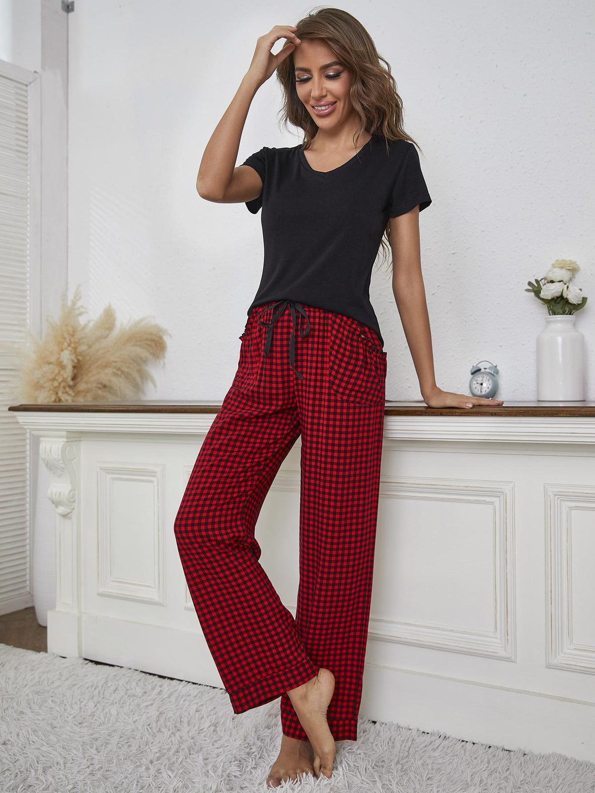 Our Best Rayon Blend Comfy-n-Cozy V-Neck Top and Gingham Pants Two Piece Lounge Set (Black/Red