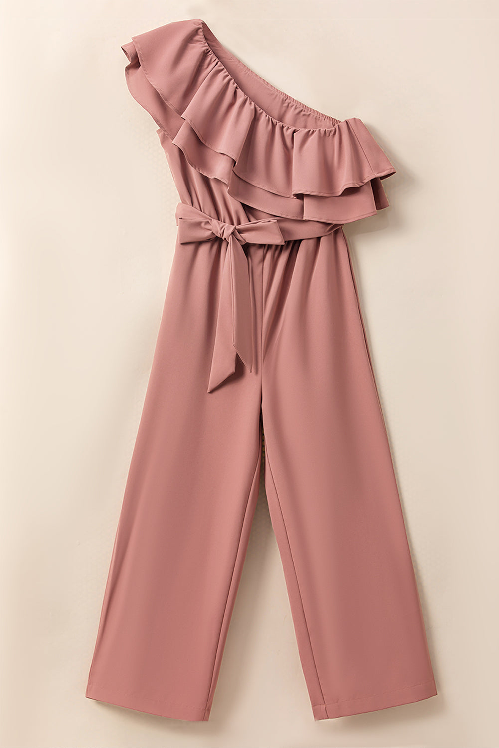 Our Best 100% Polyester Cool-n-Comfy Fashion Plus Ruffled & Tie Detail One-Shoulder Jumpsuit (Dusty Pink)