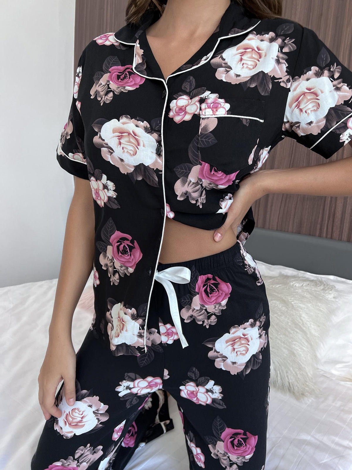 Our Best 100% Rayon Floral Graphics Piping Detail Short Sleeve Shirt and Pants Two Piece Lounge Set (Floral)