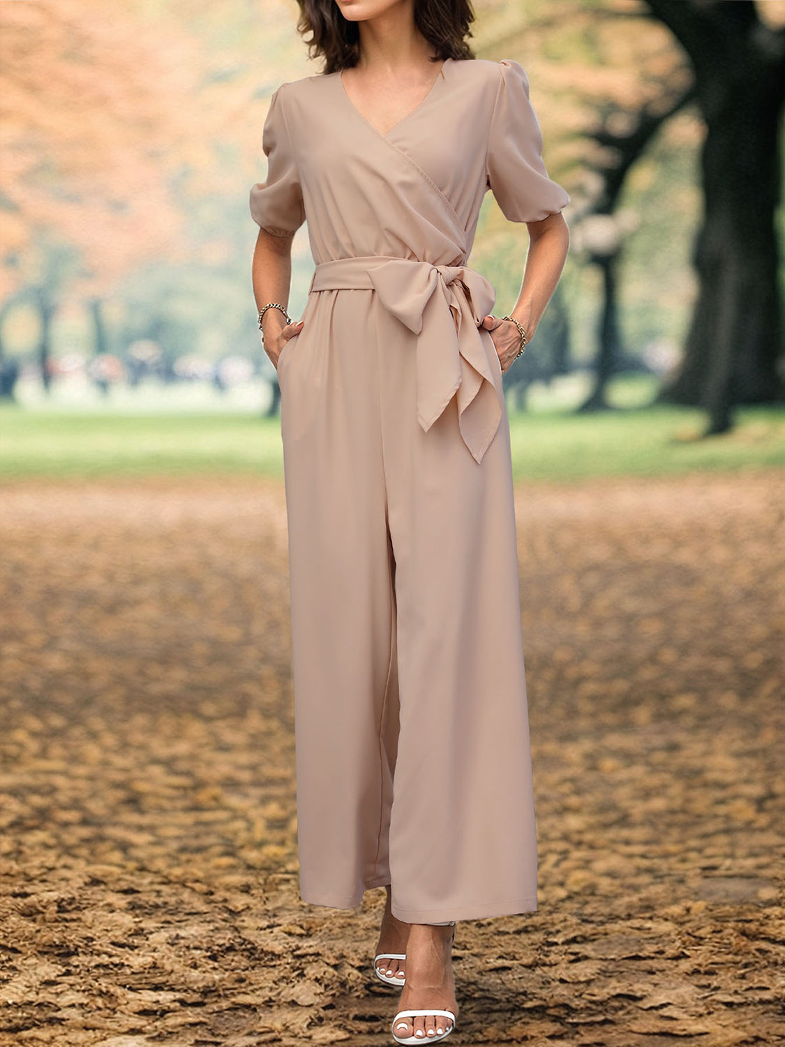 Perfee Our Best 100% Polyester Fashion Plus Pocket Detail Short Sleeve Palazzo Pant Leg Jumpsuit (Tan)