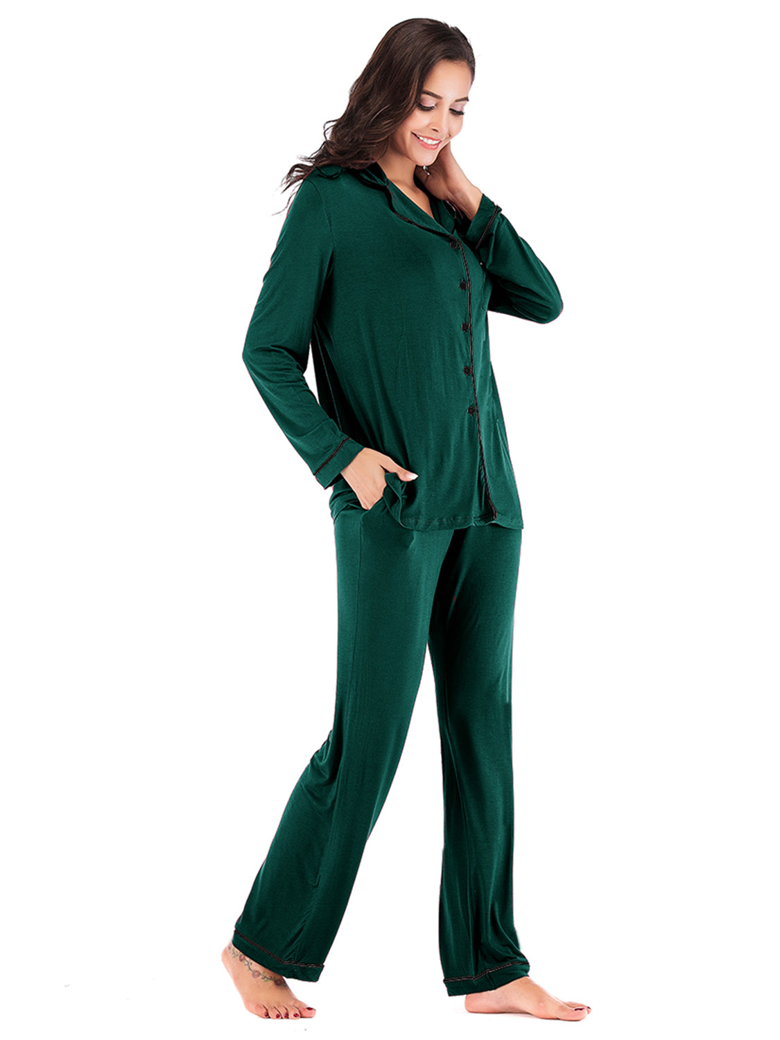 Simona Slumbertime Nylon Blend Long Sleeve Pocket and Piping Detail Loungewear Set (Multicolor)