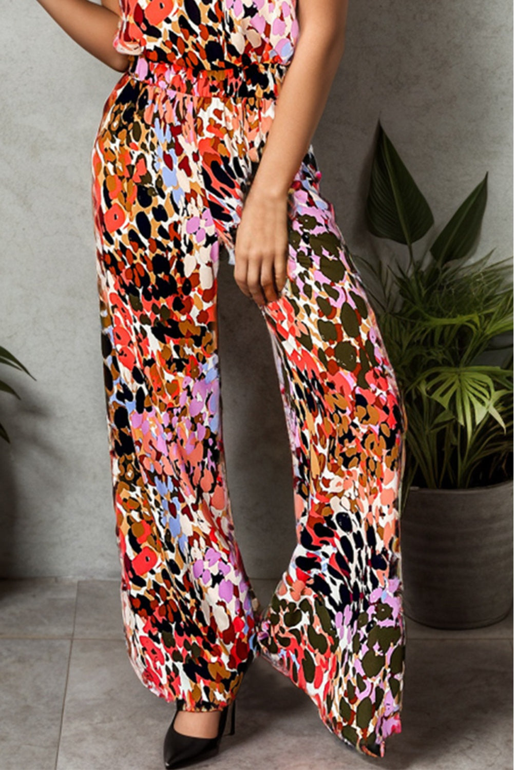 Our Best 100% Polyester Sash Tie Waist Exotic Print Mock Neck Top Palazzo Pant Set (Multicolor)