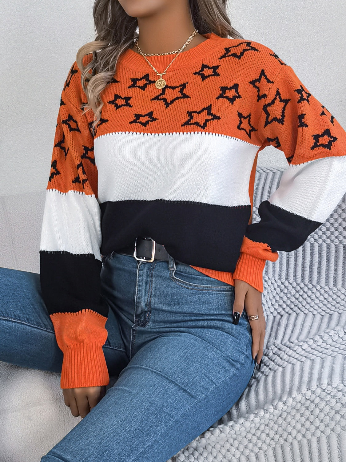 SuperStar 100% Acrylic Round Neck Colorblock Dropped Shoulder Long Sleeve Sweater (Multicolor)