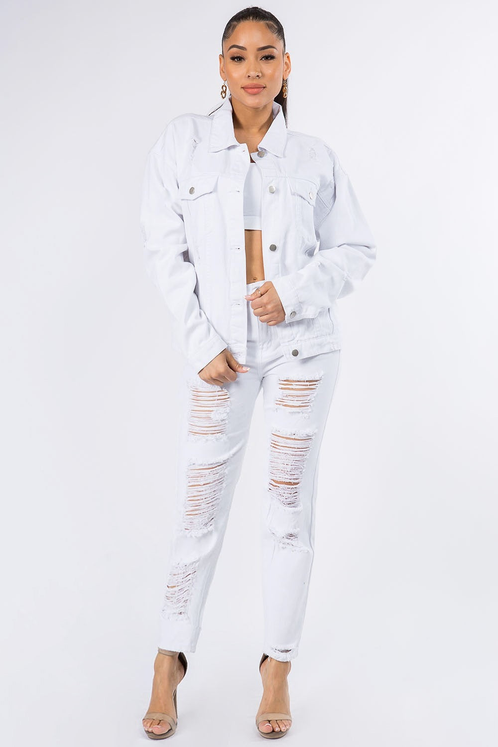 American Bazi 100% Cotton Graphics Distressed Long Sleeve Denim Midi Jacket (White)