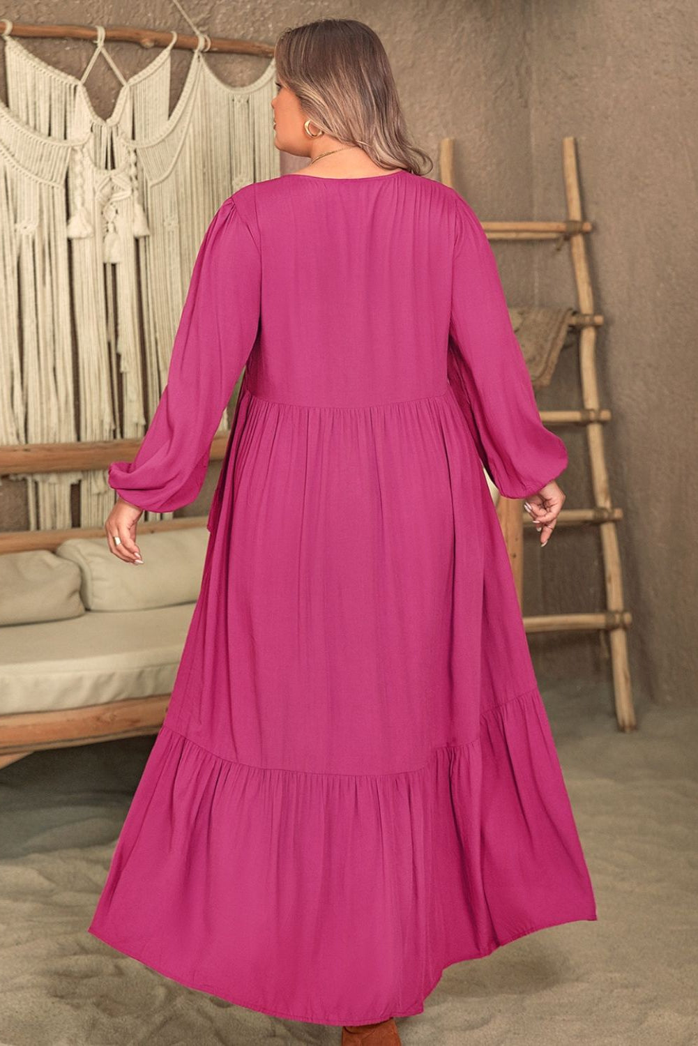 Plus Size Lovely Ladies 100% Viscose Fashion Plus Ruffled V-Neck Long Sleeve Maxi Dress (Multicolor)