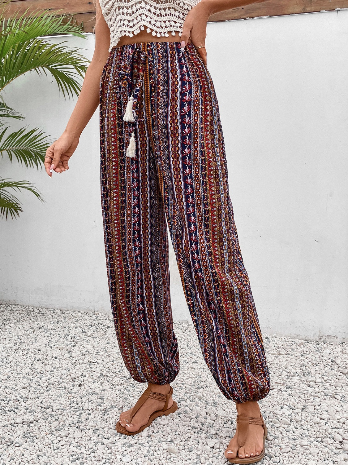 Our Best 100% Polyester Exotic Color Print Sash Tie Waist Tassel Detail High Waist Pants (Brown)