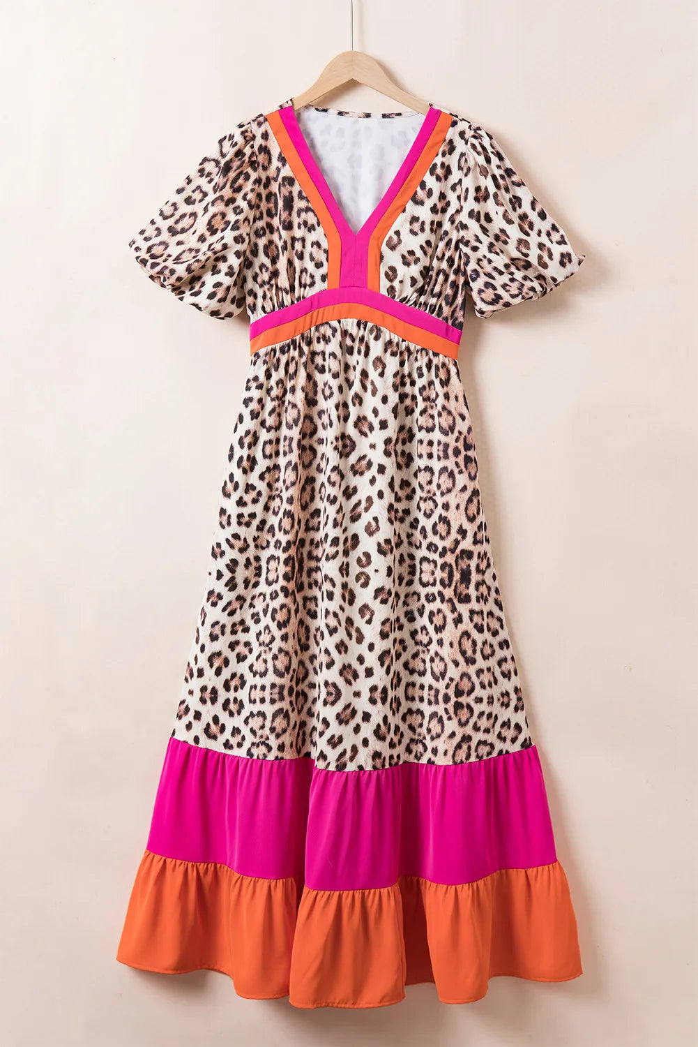 Our Best 100% Polyester Exotic Leopard Print Full Size V-Neck Half Sleeve Maxi Dress (Leopard)