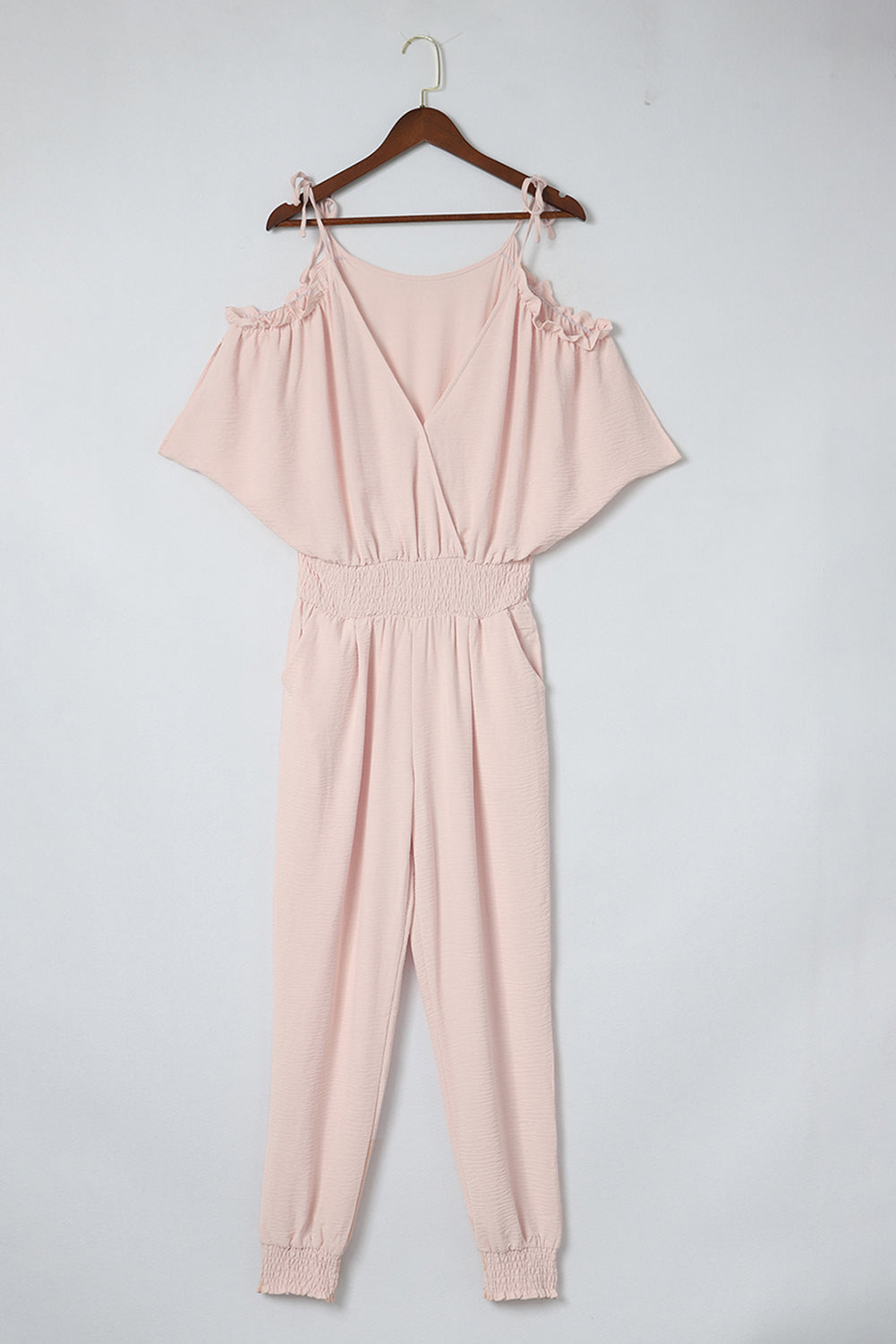 Our Best 100% Polyester Frill Ruffle Cold Shoulder Smocked Waistband Elastic Cuff Surplice Jumpsuit (Watermelon Pink)