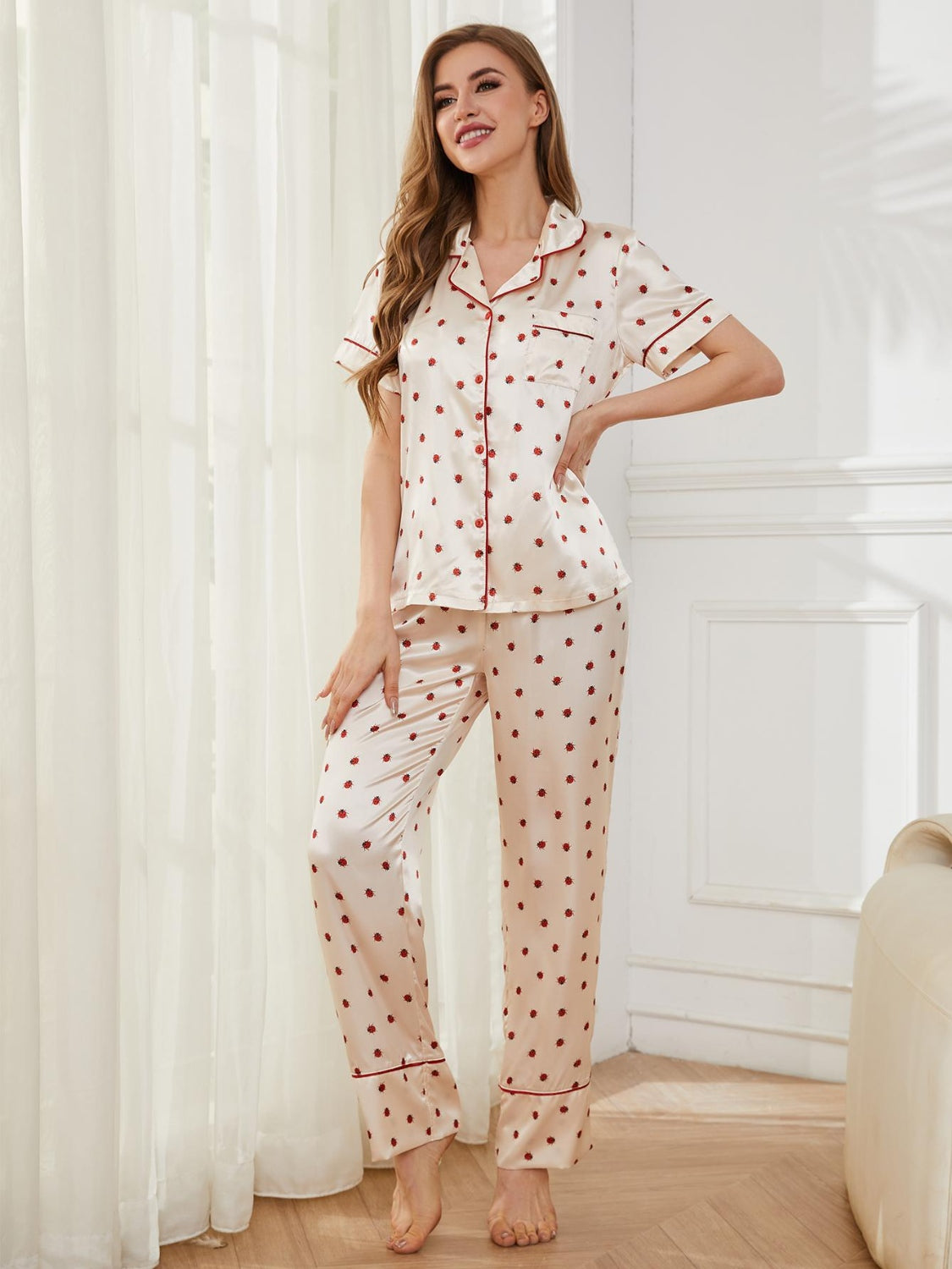 Our Best Polyester Blend Contrast Piping Pocket Detail Top and Pants Lounge Set (Tan)