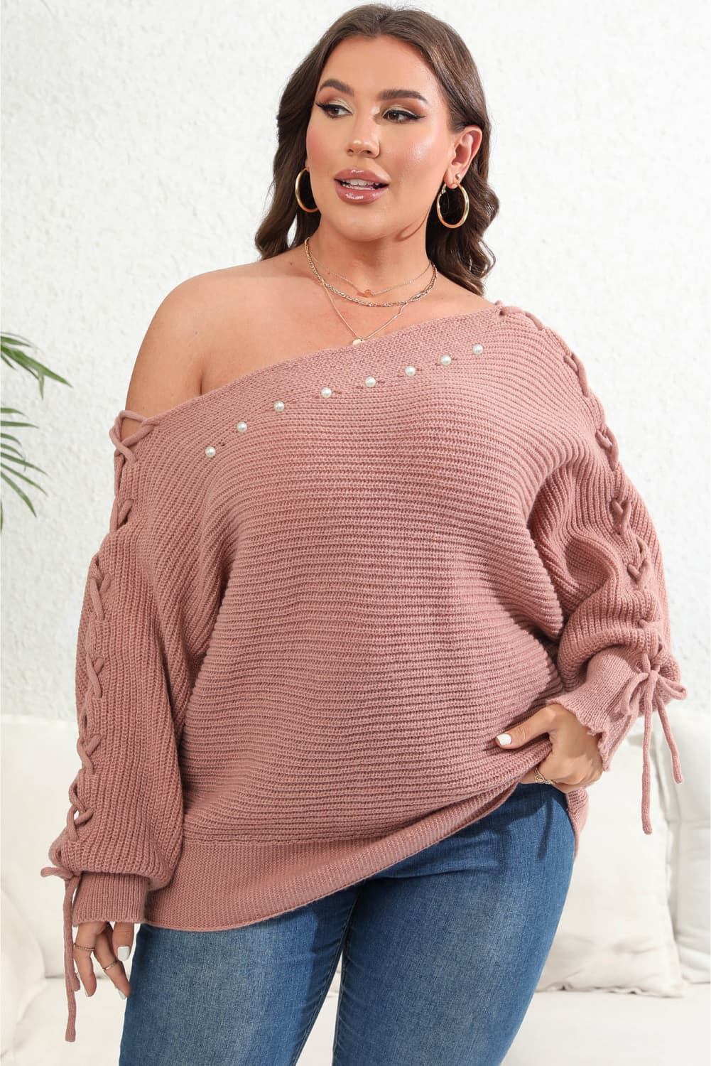 Plus Size Lovely Ladies Polyester Blend Fashion Plus Single Shoulder Beaded Sweater (Multicolor)