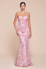 Ladivine 7445 Dress Strapless Floral Printed Fitted Soft Satin Dress