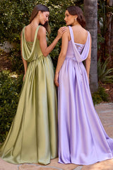 Ladivine 7446 A-Line Fitted Bodice Cowl Neckline Satin Dress