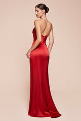 Ladivine 7451 Dress Strapless Satin Gown with Sash