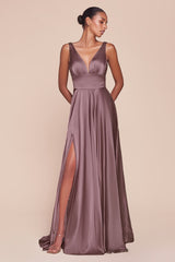 Ladivine 7469 Long Formal Evening Satin Dress with Slit