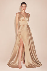 Cinderella Divine 7469 Floor Length Satin Formal V-Neckline Dress