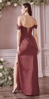 Cinderella Divine 7484 Long Off the Shoulder Corset Satin Formal Gown
