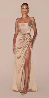 Ladivine 7492 Satin Off the Shoulder Corset Satin Formal Gown