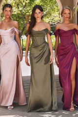 Cinderella Divine 7492C Satin Off the Shoulder Corset Satin Gown