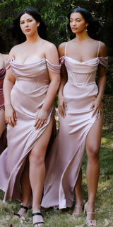 Cinderella Divine 7492C Satin Off the Shoulder Corset Satin Gown
