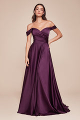 Cinderella Divine 7493C Long Plus Size A-Line Off the Shoulder Satin Dress