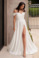 Ladivine 7493W Long A-Line Off the Shoulder Satin Bridal Dress