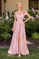 Cinderella Divine 7493C Long Plus Size A-Line Off the Shoulder Satin Dress