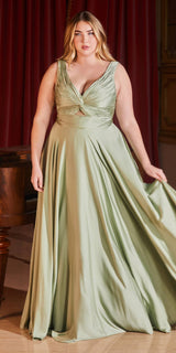 Ladivine 7497 Long A-Line Satin Keyhole Twisted Bodice Formal Gown