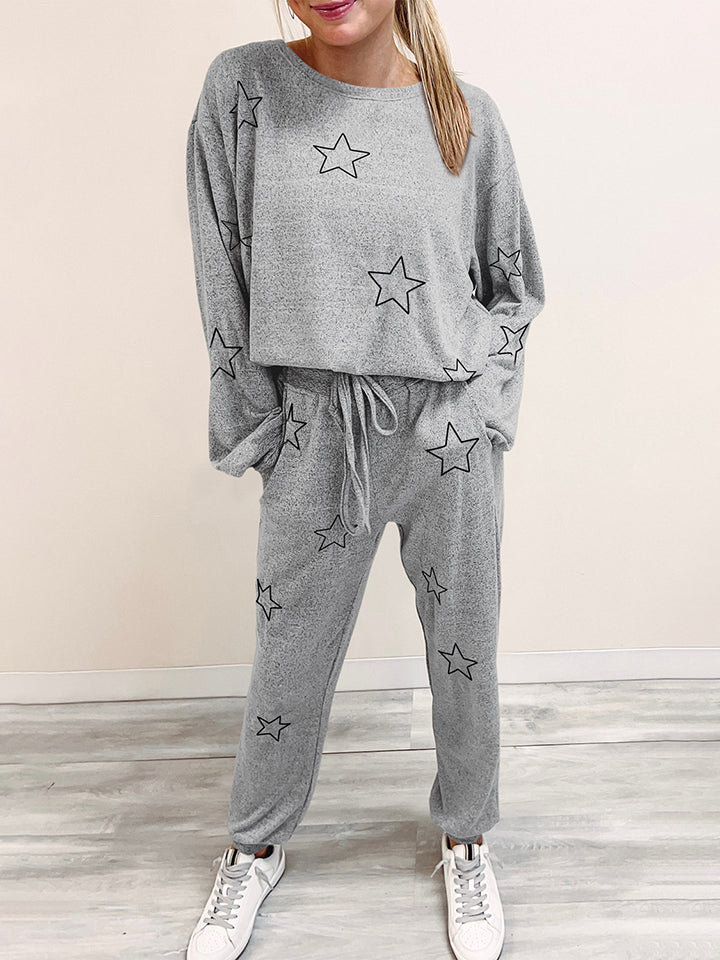 Superstar Polyester Blend Long Sleeve Top and Drawstring Waist Joggers Two Piece Lounge Set (Cloudy Blue)