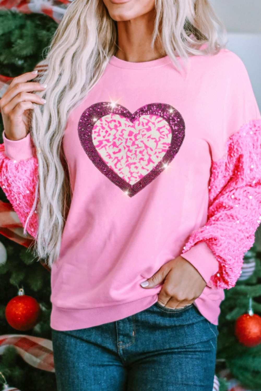 Let Me Be Your Sweetheart Polyester/Cotton Valentine’s Day Shimmering Sequin Heart Long Sleeve Sweatshirt (Pink)