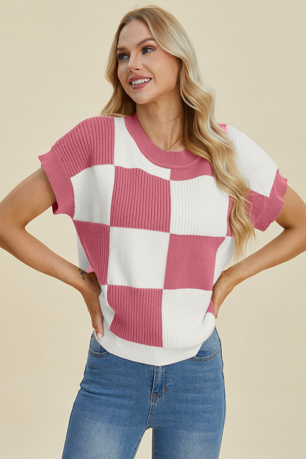 Double Take Full Size Checkered Round Neck Short Sleeve Sweater