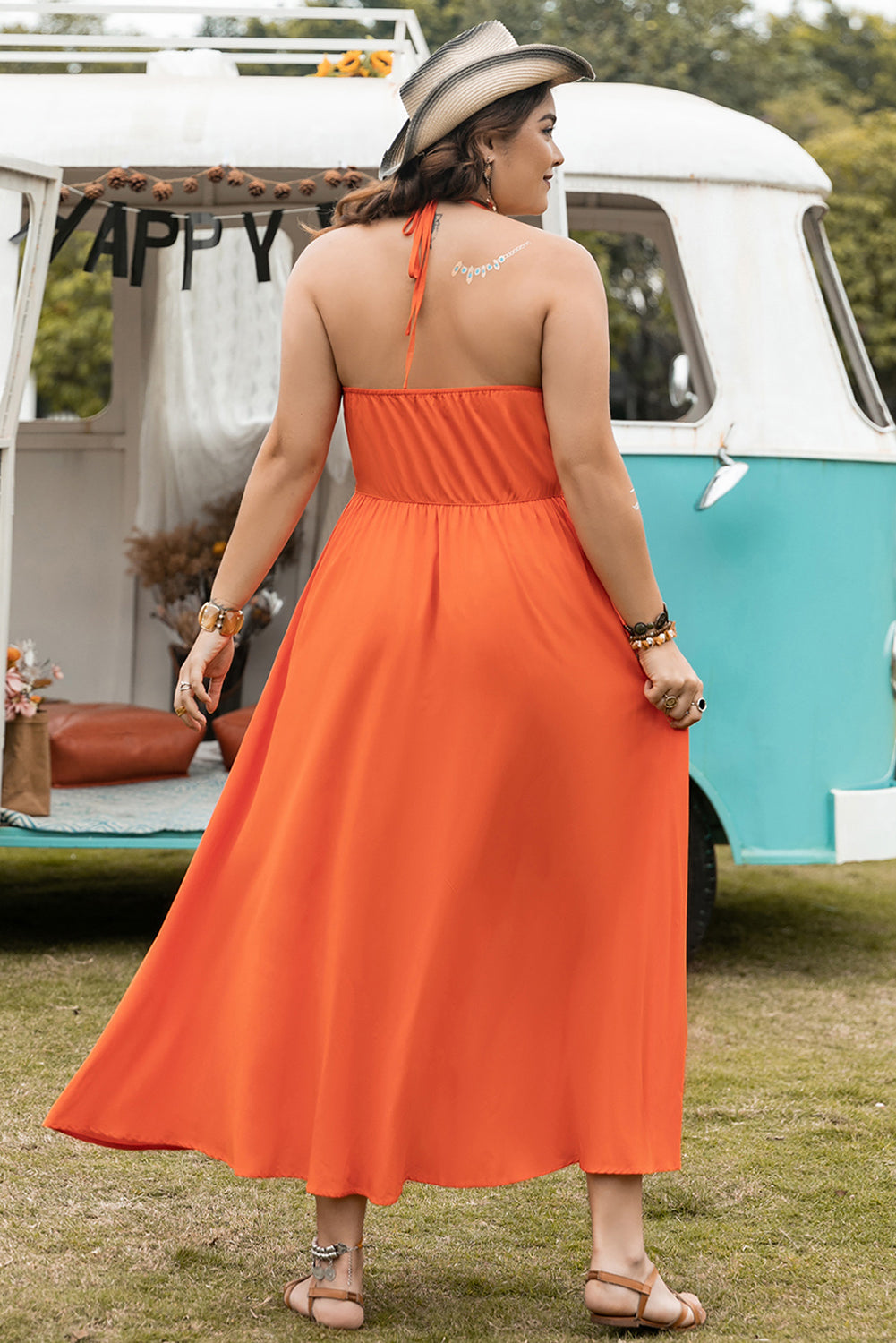 Plus Size Lovely Ladies 100% Viscose Fashion Plus Halter Neck Midi Dress (Orange)