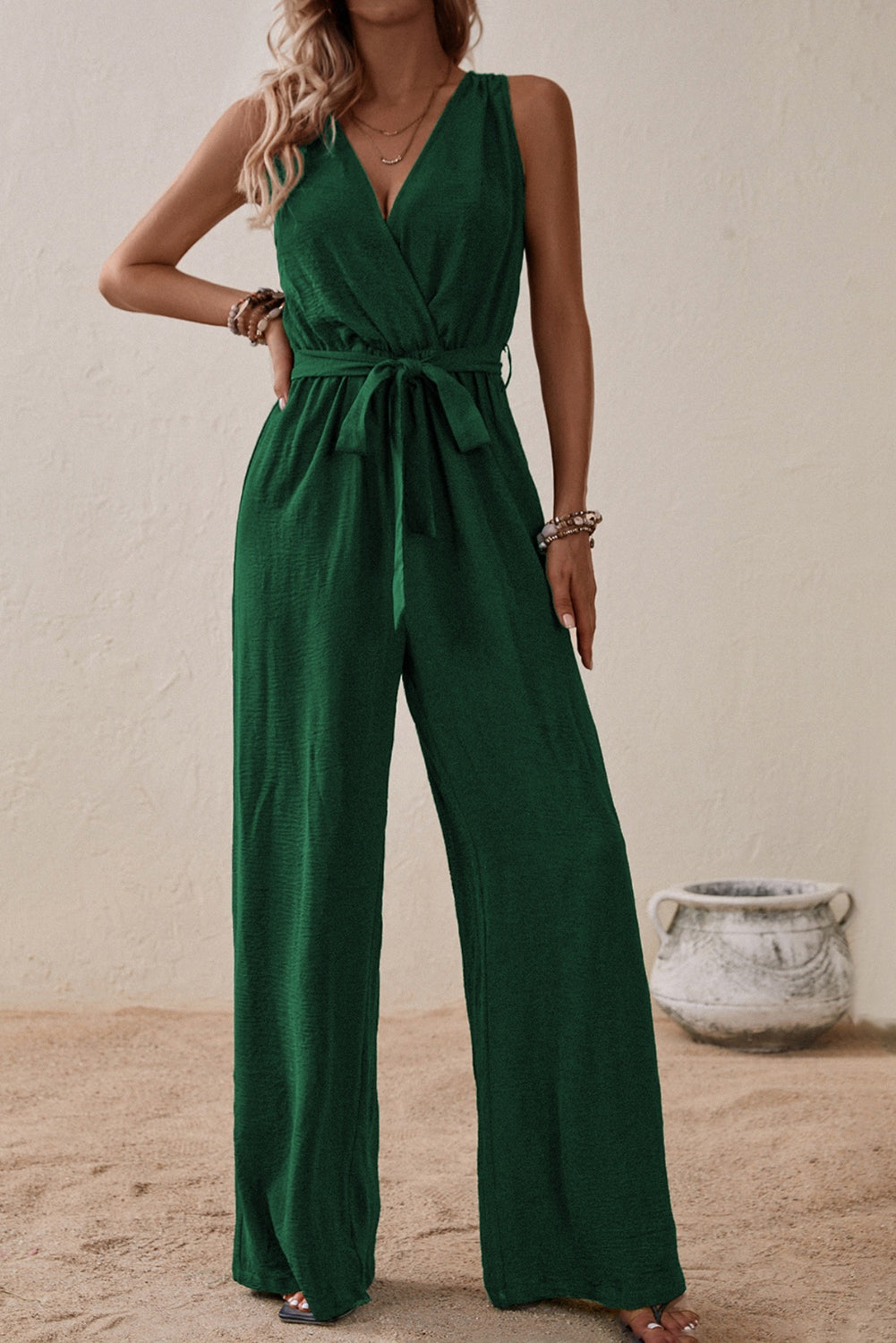 Our Best 100% Polyester Deep-V Sash Tie Belt Loop Detail Surplice Sleeveless Wide Flare Jumpsuit (Multicolor)