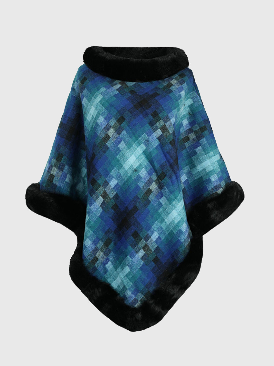 Monah Paloma 100% Polyester Pretty-n-Plush Faux Fur Collar and Trim Plaid Poncho (Multicolor)