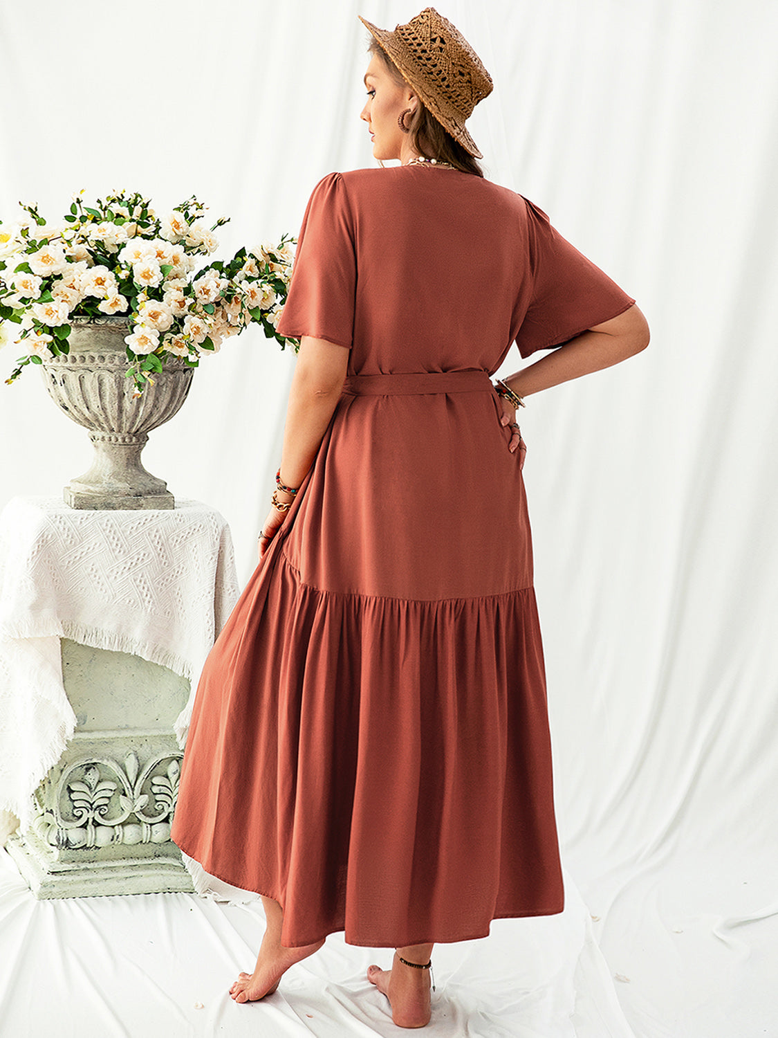 Plus Size Lovely Ladies 100% Viscose Fashion Plus V-Neck Flutter Sleeve Midi Dress (Rust)