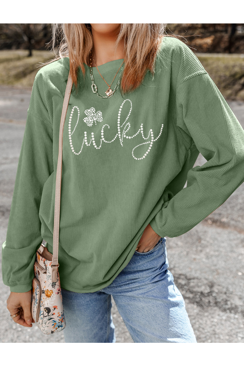 LUCKY Rhinestone Round Neck Long Sleeve Sweatshirt