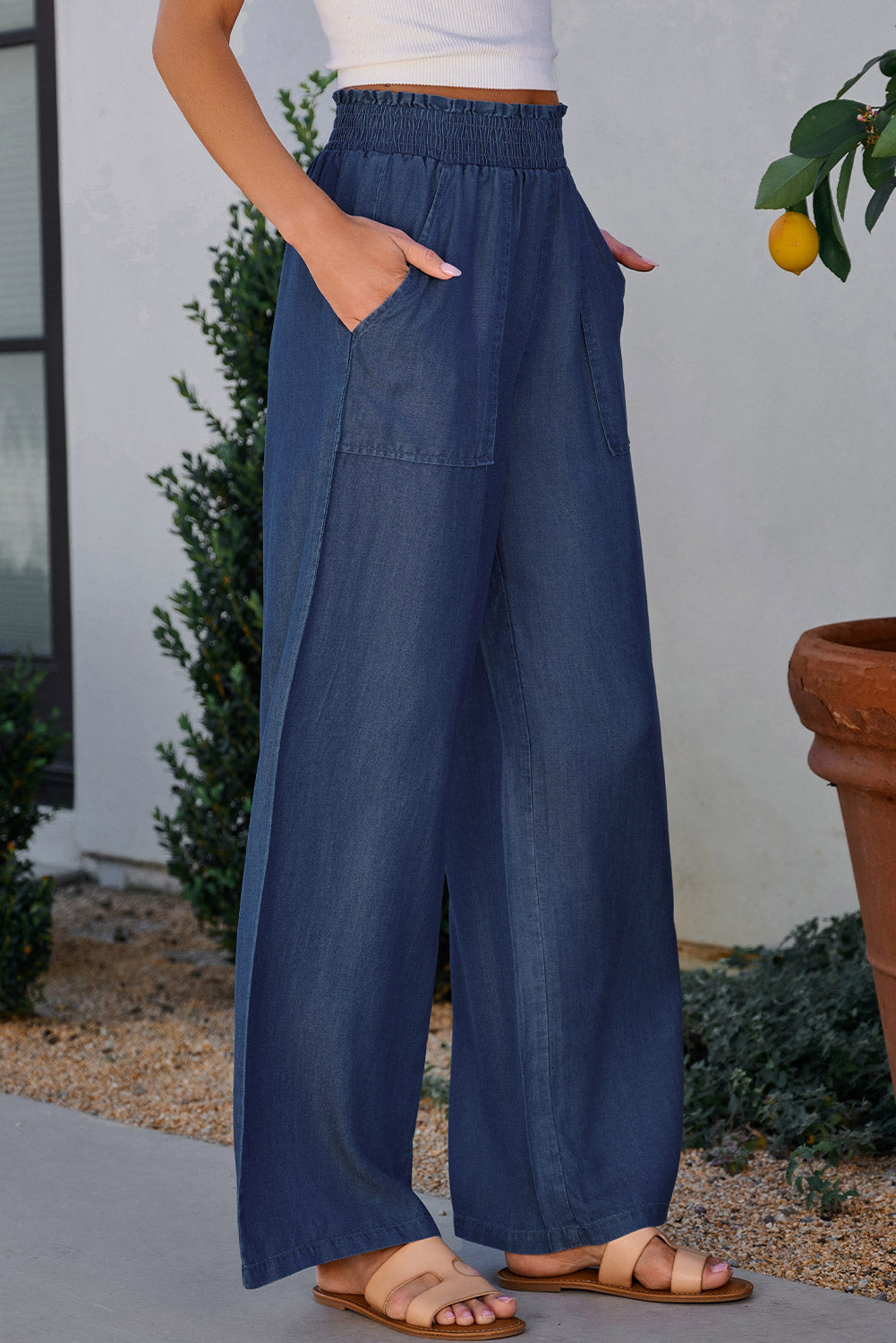 Our Best 100% Lyocell Wide Leg Elastic Waistband Palazzo Pants with Pockets (Peacock Blue)