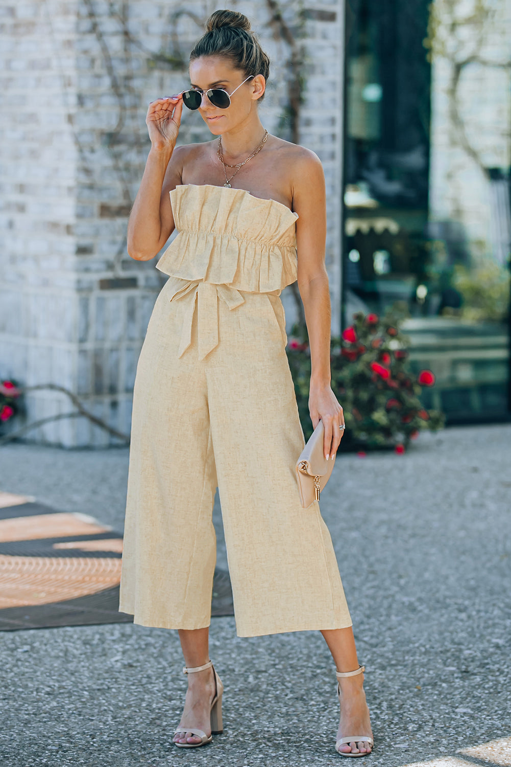 Ruffled Strapless Wide Leg Jumpsuit