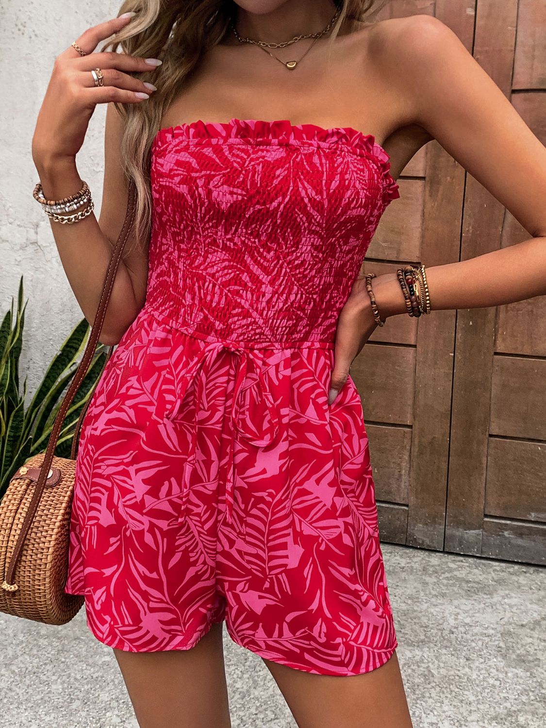 Perfee Smocked Printed Tube Romper with Pockets