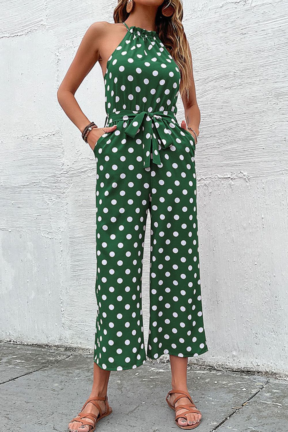 Perfee Polka Dot Grecian Wide Leg Jumpsuit