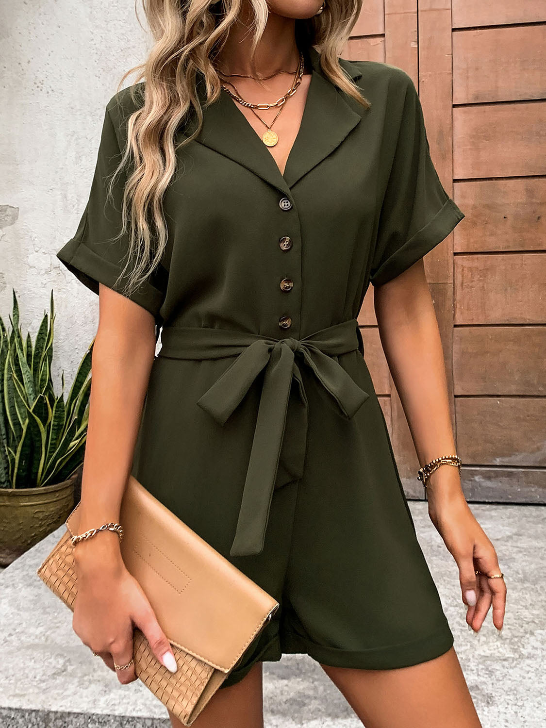 Perfee Half Button Tie Waist Short Sleeve Romper