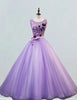 Plus Size Lavender Tulle Evening Gown | Boat Neck Lace Applique Prom Dress