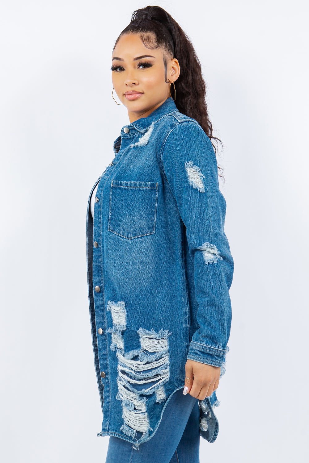 American Bazi 100% Cotton Button-Up Long Sleeve Distressed Denim Jacket (Medium Blue)