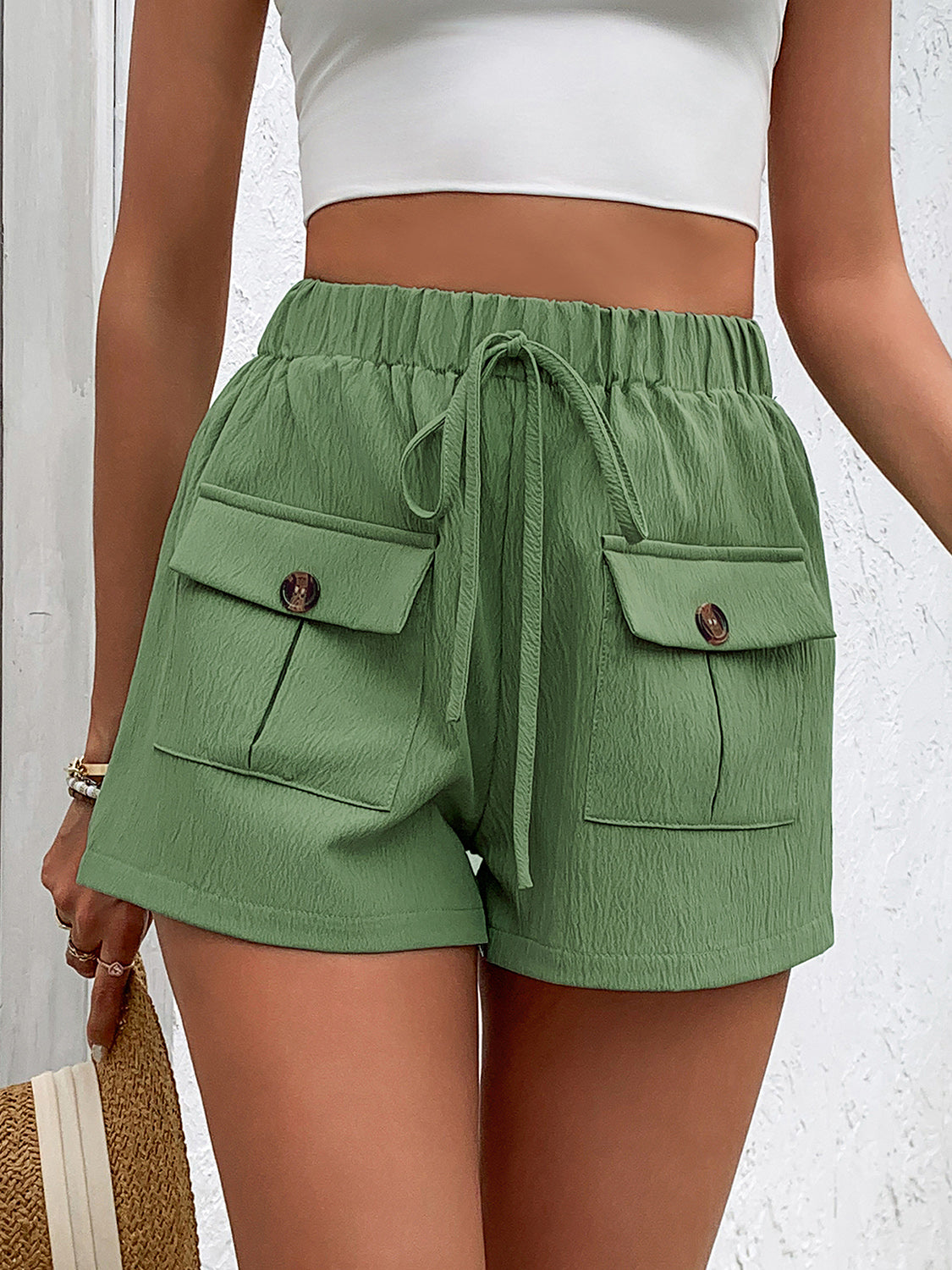 Perfee 100% Polyester Fashion Plus Drawstring Tie Pockets Detail Hipster Shorts (Gum Leaf)