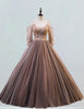 Coffee spaghetti strap tulle prom dress ball gown v neck lace applique beaded long wedding dress gown