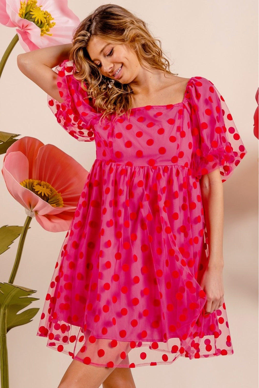 Our Best 100% Polyester Solid Color BiBi Polka Dot Mesh Puff Sleeve Mini Dress (Fuchsia)