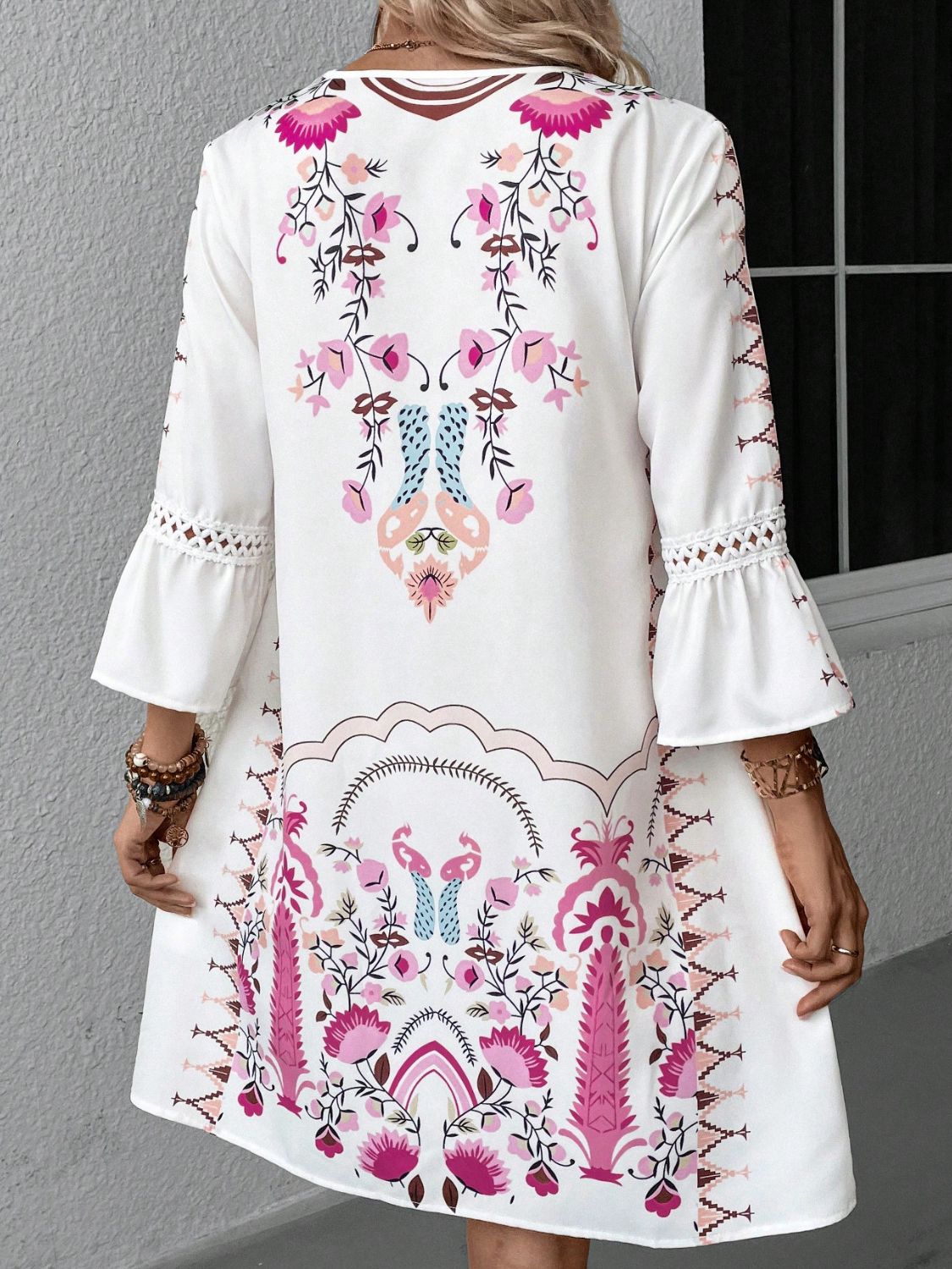 Our Best 100% Polyester Exotic Floral Print Lace Detail V-Collar Three-Quarter Sleeve Dress (Variants)