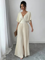 pleated jumpsuit shirt sleeve v-neck